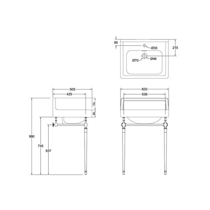 Tvättställ Contemporary med Upphöjd Kant Baktill 61 cm 1-håls med Ställning