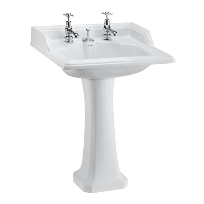 Tvättställ Classic 65 cm med Bräddavlopp & Avlopp 2 Blandarhål, Piedestal