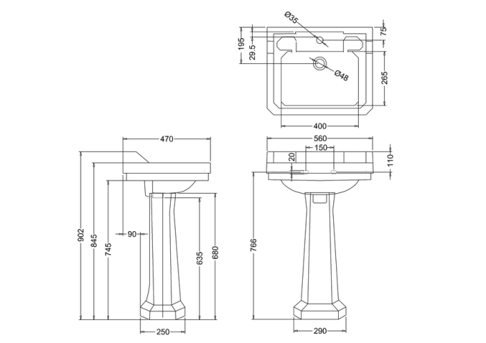 Tvättställ Edwardian med Handduksstång & Standardpiedestal