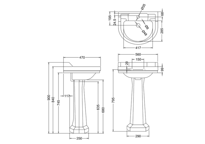 Tvättställ Edwardian Runt 56 med Piedestal
