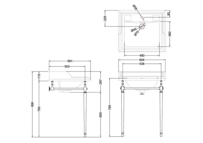 Ställning till Tvättställ Kurvad Standard 65cm